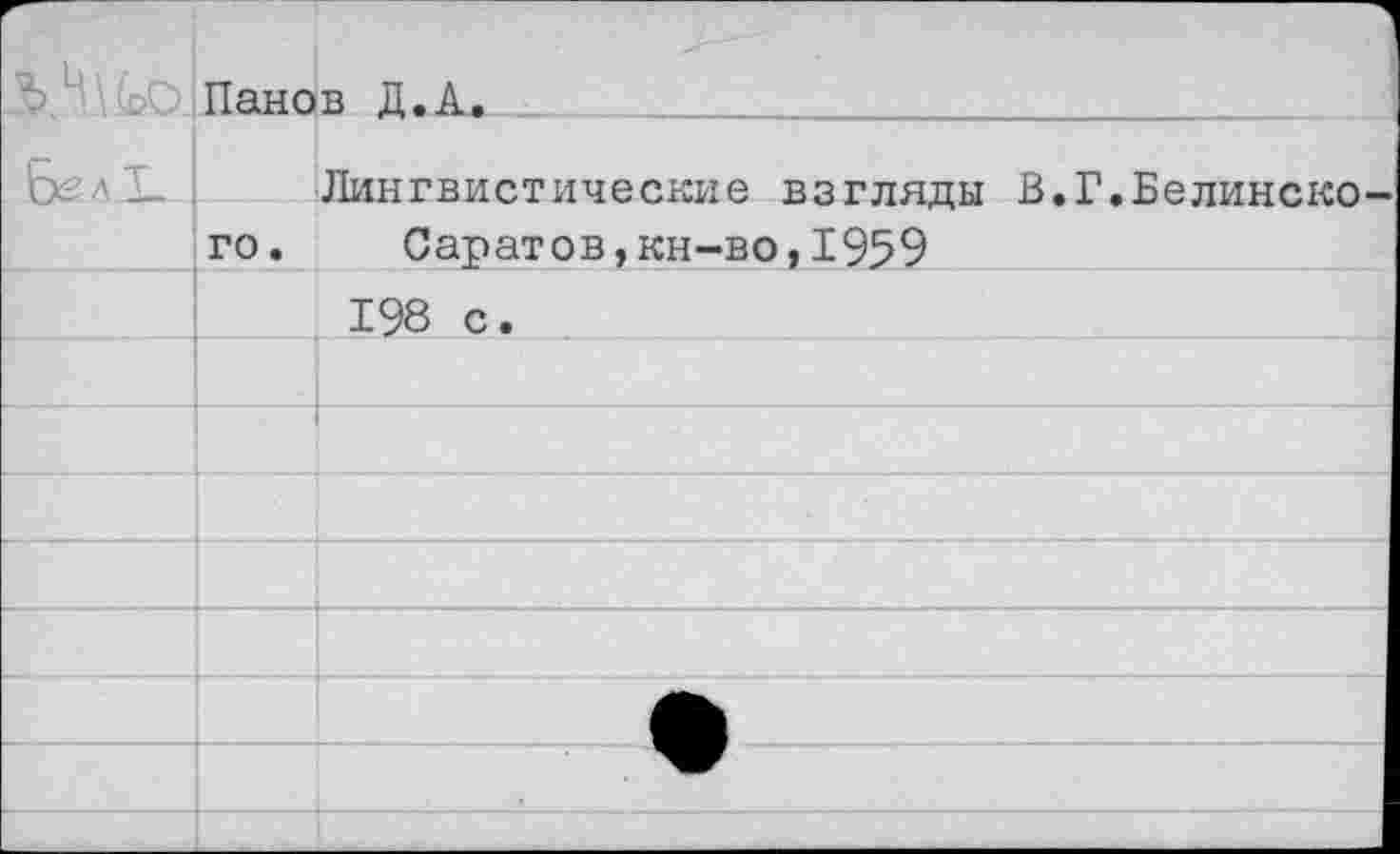 ﻿4Л(ео.	Панов Д.А.	
	го.	Лингвистические взгляды В.Г.Белинско- Саратов,кн-во,1959
		198 с.
		
		
		
		
		
		
		
		